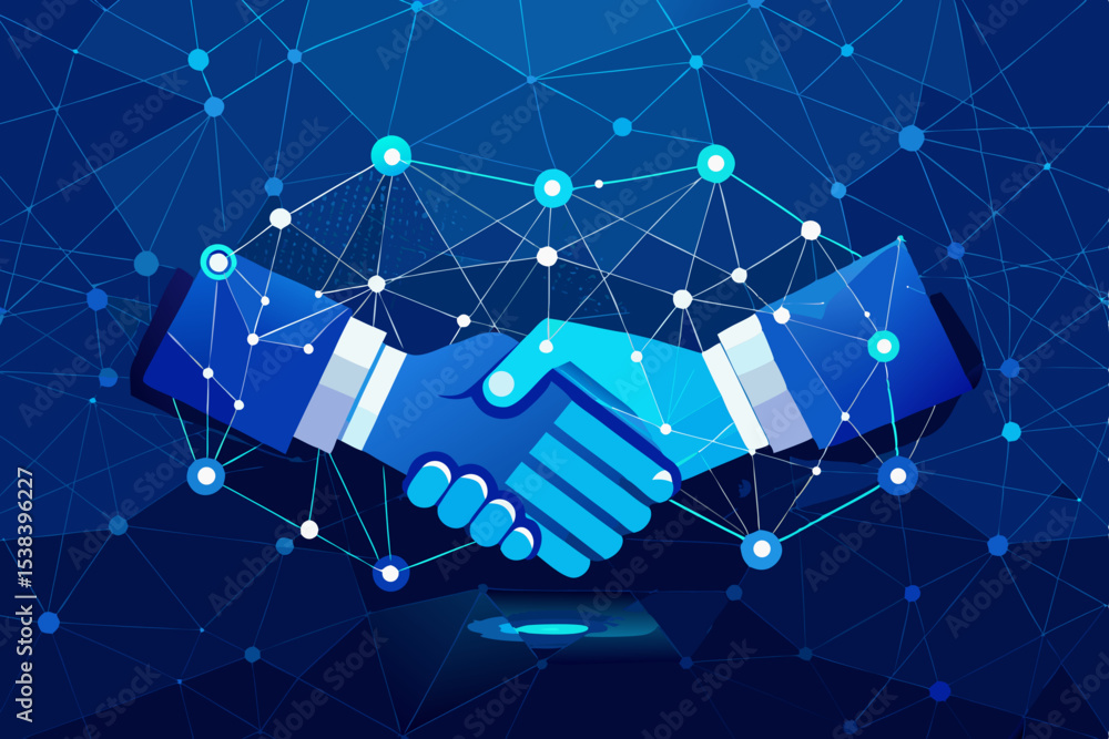 Poster digital partnership handshake connecting global network for business collaboration and success