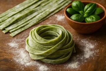 Green spinach pasta nest on floured wooden surface – AI generated