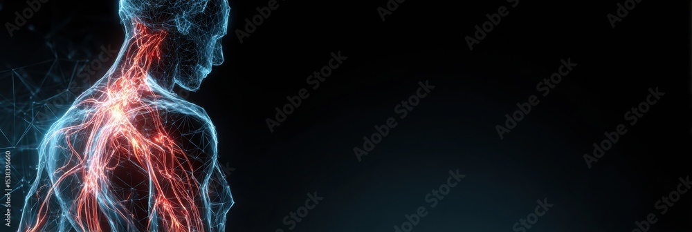 Aufkleber Stylized Wireframe Representation of the Human Body With a Highlighted Nervous System Showcasing Neural Pathways and Structures in Dynamic Colors