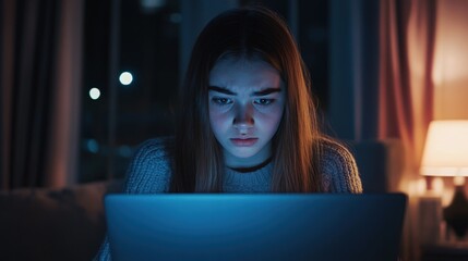 A teenage girl with tears in her eyes stares at her laptop screen filled with cruel and harassing messages, highlighting the emotional impact of online bullying among young people