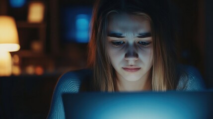 A teenage girl with tears in her eyes stares at her laptop screen filled with cruel and harassing messages, highlighting the emotional impact of online bullying among young people