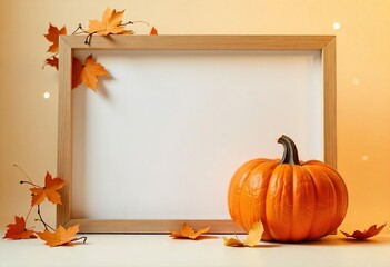 A light-colored wooden frame, decorated with pumpkins, is placed on a plain white background, creating a simple yet festive autumn display. A large pumpkin sits beside the frame.