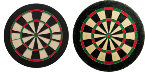 Two dartboards side by side, each featuring numbered segments with alternating black, white, red, and green colors.