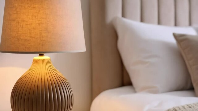 Illuminated bedside lamp on a white nightstand with pillows and a knitted throw blanket on an inviting bed