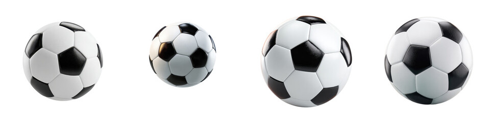 Four classic black and white soccer balls of varying sizes arranged in a row.