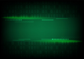 Green lines and dots on binary code, technology background.