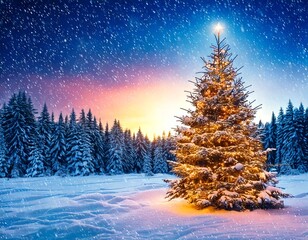 Beautiful Christmas and New Year's background with decorated Christmas tree in fluffy snowdr 