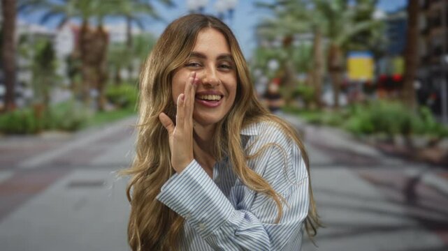 Blonde woman brings hand to lips whisper on sunlit palm lined promenade; secrecy gossip intimacy intrigue.