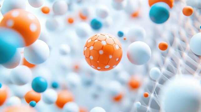 Abstract Scatter Plot with Blue Orange and White Spheres on Light Grey Hexagonal Grid Background ,
