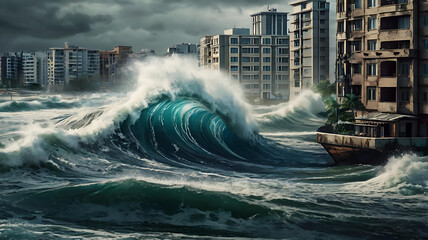 Coastal City Under Siege Powerful Ocean Waves Crashing Against Buildings