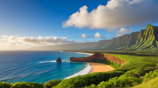 Lithified Cliffs on Makawehi Bluff With The Haupu Mountain Range in The Distance, Maha'ulepe Heritage Trail, Kauai, Hawaii, USA - Powered by Adobe