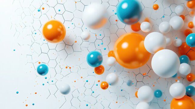 Abstract Scatter Plot with Blue Orange and White Spheres on Light Grey Hexagonal Grid Background ,