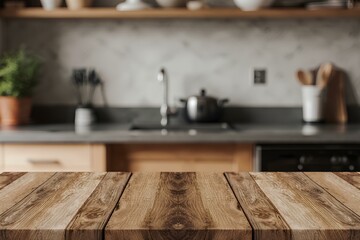 Wooden table on blurred kitchen bench background. Empty wooden table and blurred kitchen background 