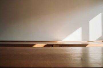 Wooden table on blurred kitchen bench background. Empty wooden table and blurred kitchen background 