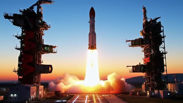 Rocket Launch Taking Off from Space Shuttle Platform at Sunset with Bright Flame and Smoke
