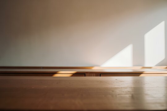 Wooden table on blurred kitchen bench background. Empty wooden table and blurred kitchen background 