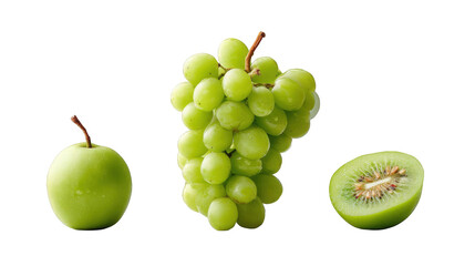 Fresh green fruits including grapes, apple, and kiwi arranged on a clean surface with no distractions