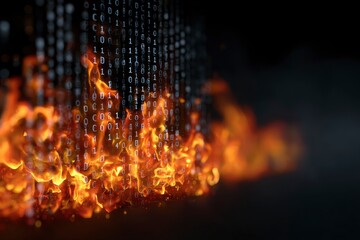 Digital code overlaid with flames creating a visual representation of data corruption or destruction against a dark background