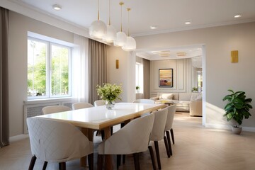 Dining room interior featuring a long white table surrounded by chairs A living room is visible in the background