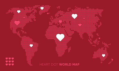 Heart Dotted world map. Red vector illustration. World map isolated on red background. Suitable for Valentine's day, love themes, backgrounds, love travel and infographics. Vector illustration