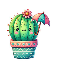 A vibrant vector illustration showcases a garden's flora with a charming basket of spring flowers, a potted cactus, and a leafy plant