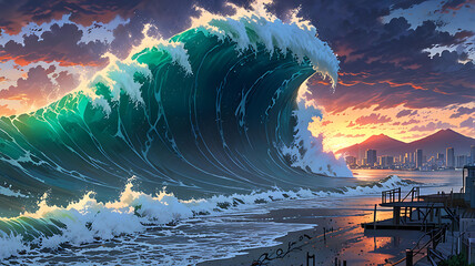 Epic Ocean Wave Crashing on City Shore Dramatic Sunset Digital Art