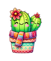 A vibrant vector illustration showcases a garden's flora with a charming basket of spring flowers, a potted cactus, and a leafy plant