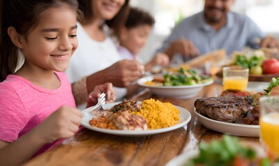 a happy Latin American family having lunch together at a wooden table, colorful dishes with rice, beans, grilled meat, children smiling, Generative AI