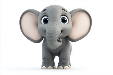 Naklejka premium A smiling baby elephant character with a cute pink trunk stands in a cartoon 3D vector illustration with a white background