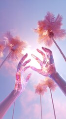 Reaching Hands Towards Soft Pink Light Under Pastel Sky with Translucent Palm Trees