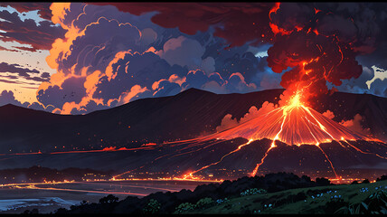 Volcanic Eruption A Dramatic Sunset Landscape Painting
