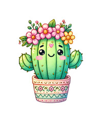 A vibrant vector illustration showcases a garden's flora with a charming basket of spring flowers, a potted cactus, and a leafy plant