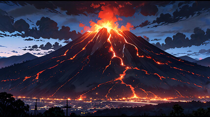 Eruption Volcano's Fiery Inferno, Night Landscape Illustration