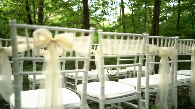 White Chiavari Chairs Draped with Soft Fabric Tied with Ribbons in Forest Setting