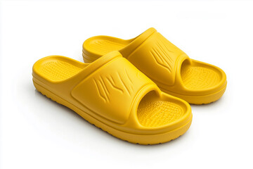 A pair of rubber sandals, isolated on a white background, perfect for summer fashion.