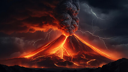 Volcanic Eruption Fiery Inferno and Dramatic Lightning Storm