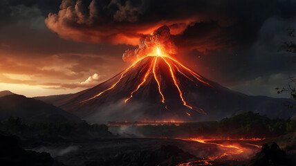 Eruption Fiery Volcano Landscape, Nature's Inferno
