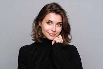 Obraz premium A young woman with short brown hair wearing a black turtleneck sweater smiles gently with her hand resting on her chin