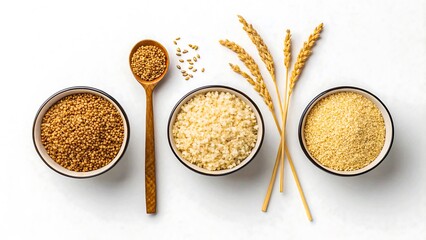 Different types of whole grains in ceramic bowls and wooden spoon with wheat stalks on white background
