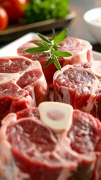 Arrangement of uncooked osso buco cuts featuring bone marrow and fresh garnish for gourmet dining experience.
