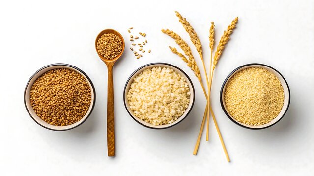 Different types of whole grains in ceramic bowls and wooden spoon with wheat stalks on white background
