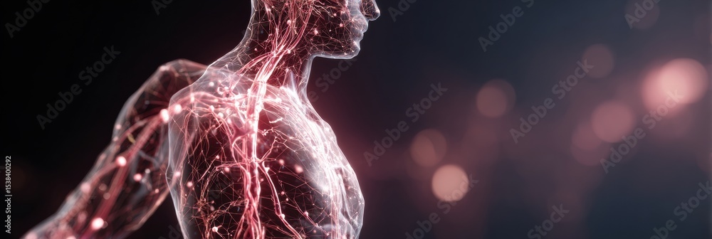 Poster stylized wireframe human body with highlighted nervous system demonstrating intricate anatomical det