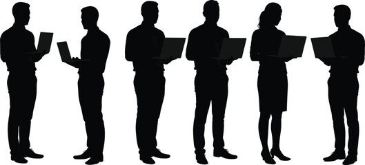 Silhouette of business people using laptop, standing professionals with computer, modern work concept, vector illustration, technology and communication
