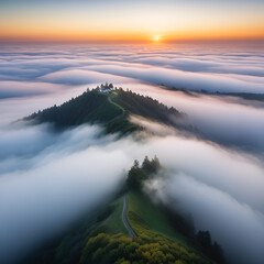 A breathtaking aerial view captures a serene sunset above a fog-blanketed landscape, creating a cinematic and ethereal atmosphere.