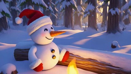 Snowman sitting by a fire in a snowy forest on a log wearing a red and white santa hat. Snowman by winter campfire. Christmas snowman in forest. Cozy snowman enjoying sunset - Powered by Adobe