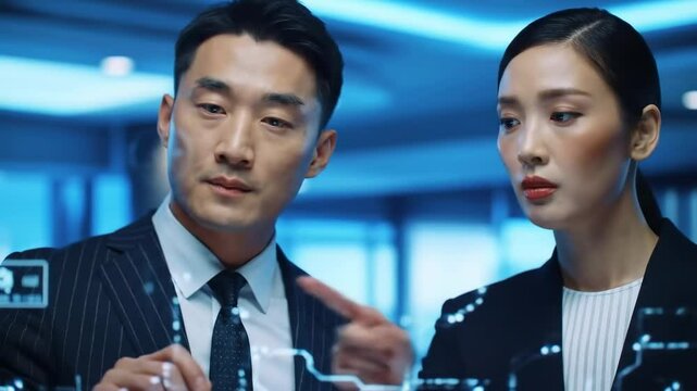 Handsome Asian man and beautiful business woman interacting with virtual screen in a modern office environment