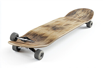 White, isolated skateboard toy with wooden wheels