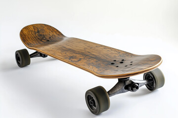 White, isolated skateboard toy with wooden wheels