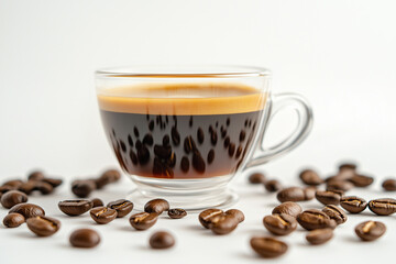 A hot cup of morning coffee with a rich espresso foam, isolated on a white table