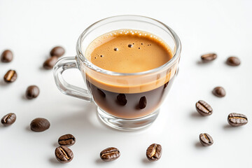 A hot cup of morning coffee with a rich espresso foam, isolated on a white table